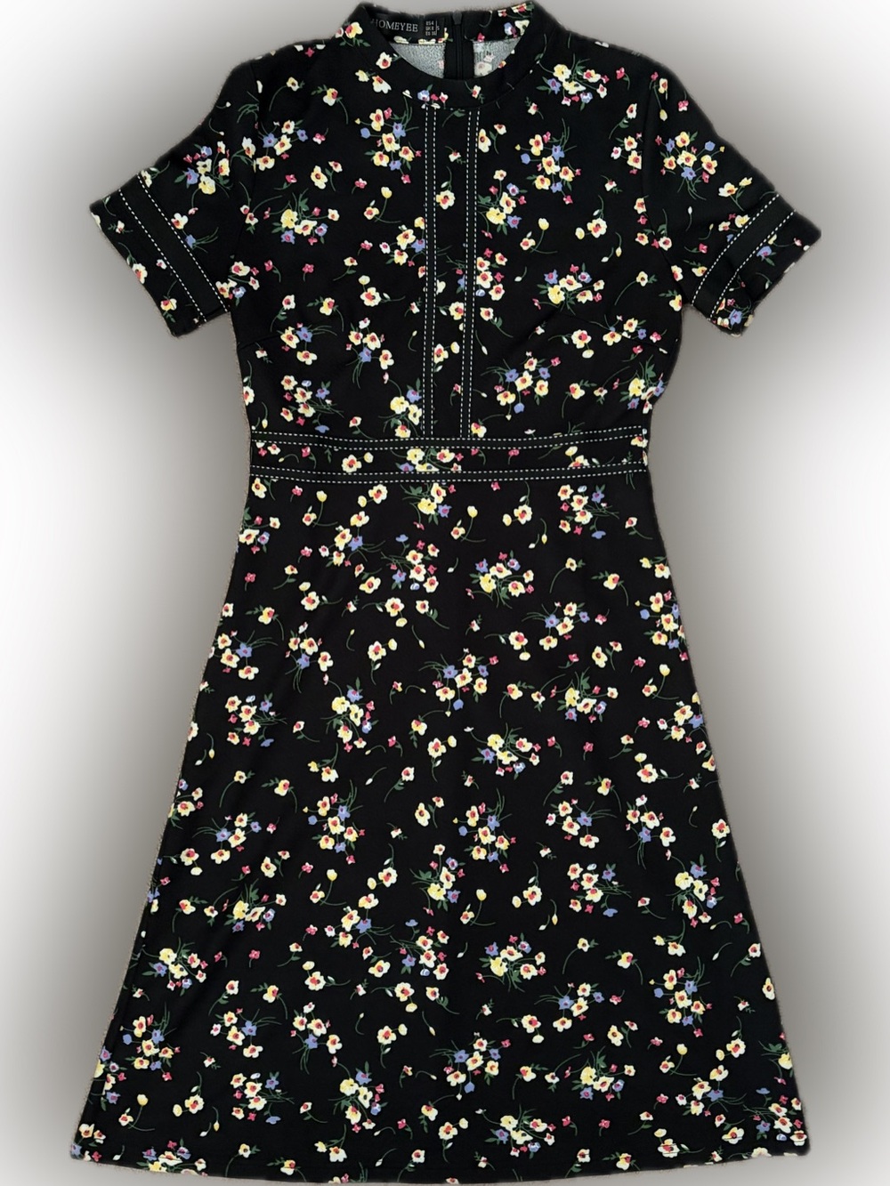 Black Floral Midi Dress with Short Sleeves